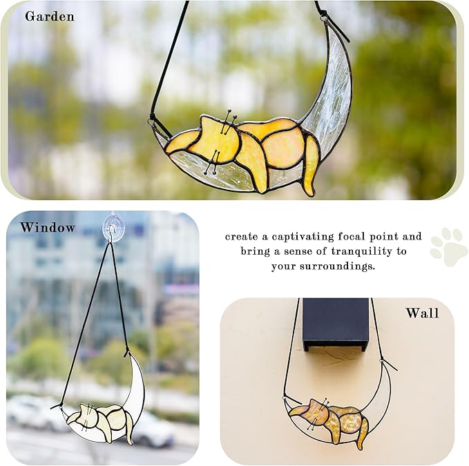 HDCRYSTALGIFTS Orange Cat On Moon Stained Glass Window Hangings,Tabby Cat Decoration suncatcher Hanging Ornament Gift for Mom,Cat Memorial Gifts for Cat Lovers, Pet Loss Sympathy Gift