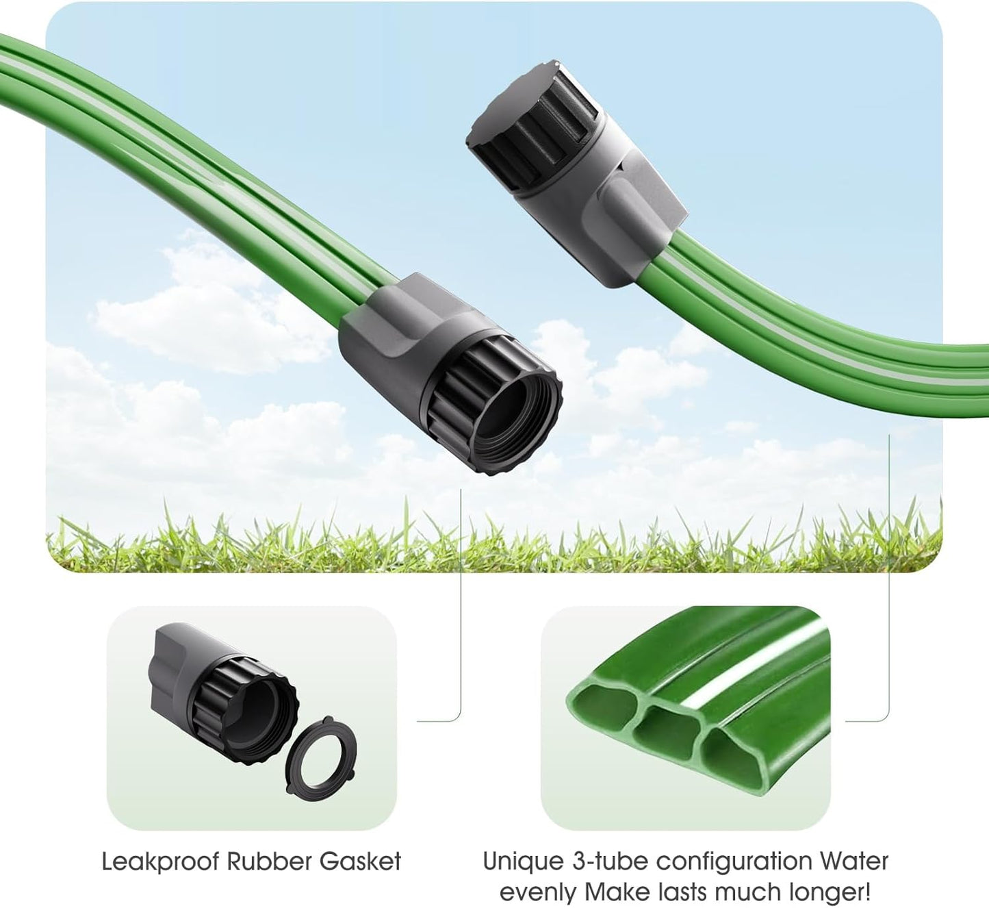 50 FT Sprinkler Soaker Hose for Garden Lawn, Durable Flat Water Hose with 10 Stakes, Water-Saving Irrigation Tubing with Multi-Directional Spray (Up to 8 FT Range)