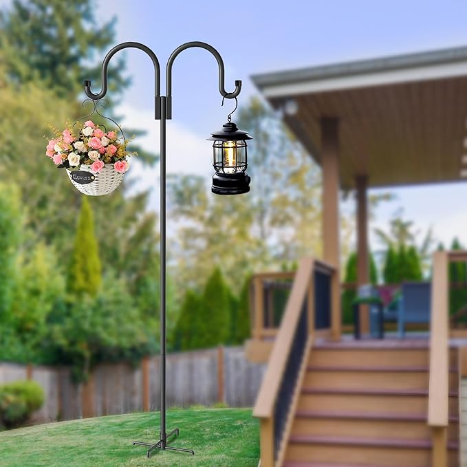 Double Shepherds Hooks for Outdoor, 2 Pack 63 Inch Bird Feeder Pole Hanger with 5 Prongs Base, Heavy Duty Bird Feeder Garden Hook for Hanging Plant, Lantern, Hummingbird Feeder