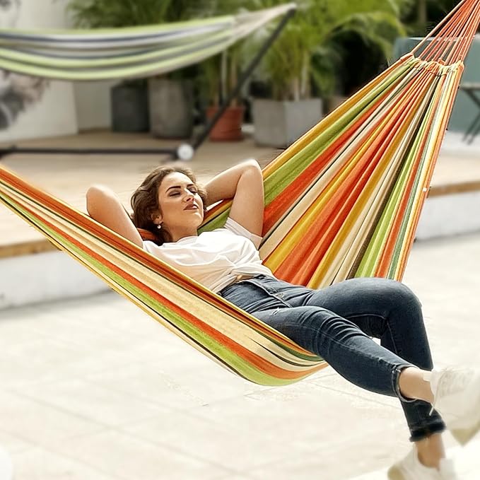 ANYOO Cotton Hammock Portable Camping Hammocks for Hanging Sturdy Garden Comfortable Fabric Hammock with Tree Straps Up to 660lbs with Travel Bag for Camping Outdoor/Indoor Patio Backyard