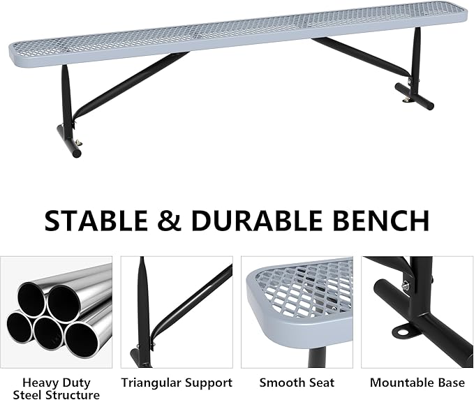 48" L Outdoor Steel Flat Bench, Heavy Duty Metal Park Bench for Outside, Expanded Metal, Commercial Benches Mesh Bench for Shopping Mall, Store, Lawn, Park, Patio, Deck, Garden (Grey, 8FT)