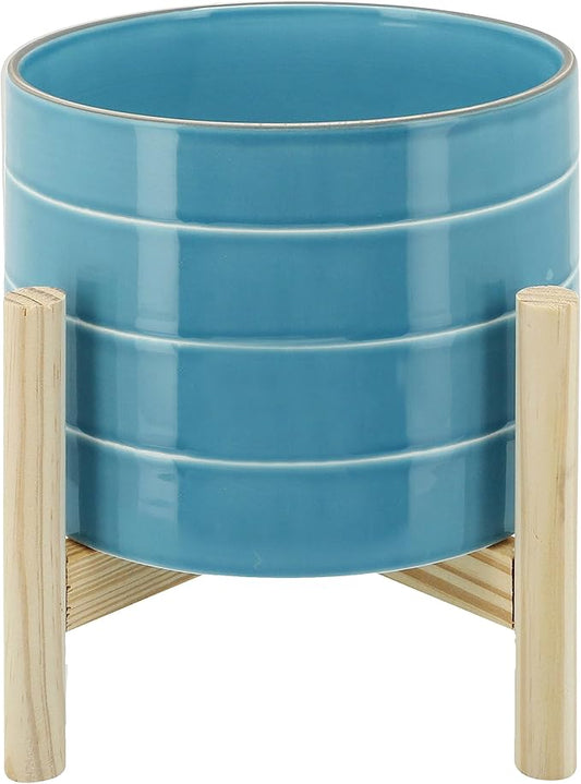 8" Ceramic Planter on Wooden Bamboo Stand - Contemporary Blue While Striped Design For Indoor or Outdoor Plants, Succulents, Cactus