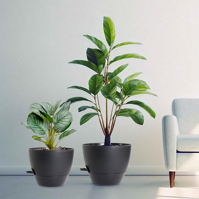 10/9/8 inch Medium Self Watering Pots, Plant Pots with Mesh Drainage Holes for Indoor Outdoor Garden Plants, Flower Pots with Removable Deep Reservoir, Set of 3 Plastic Planters, Black