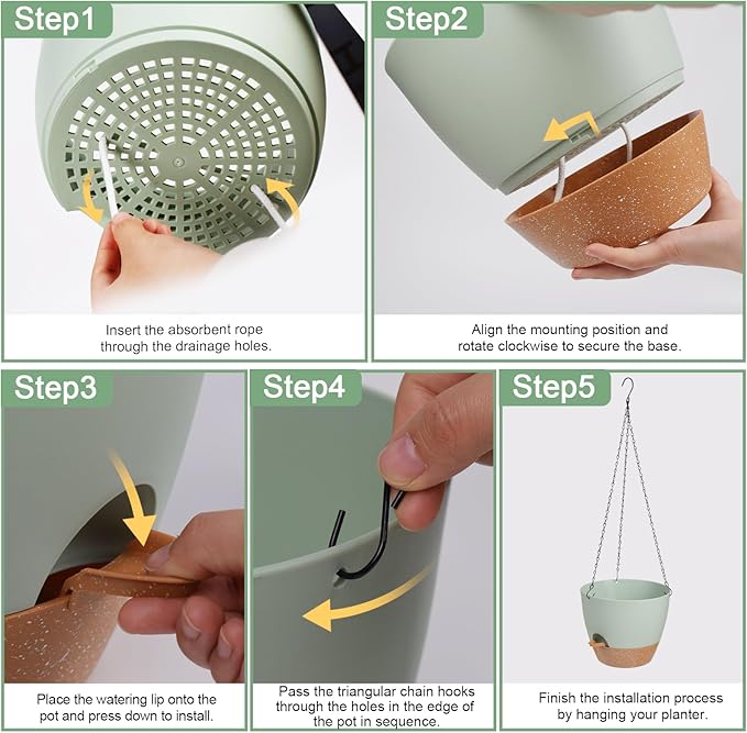 10/9/8 Inch Hanging Planter for Indoor Outdoor Plants, 3 Pack Self-Watering Hanging Pot with Drainage Holes Hanging Planter Baskets Plant Pots with Removable Tray (Green+Brown)