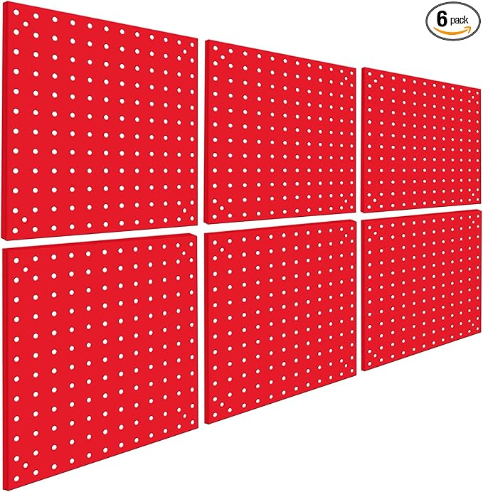 6 Pack Steel Peg Board,Universal 1/8 and 1/4 Pegboard Accessories,Ideal for Garage Tool Storage, Office Organization, Craft Room, Kitchen etc. (Red, 6-12X12)