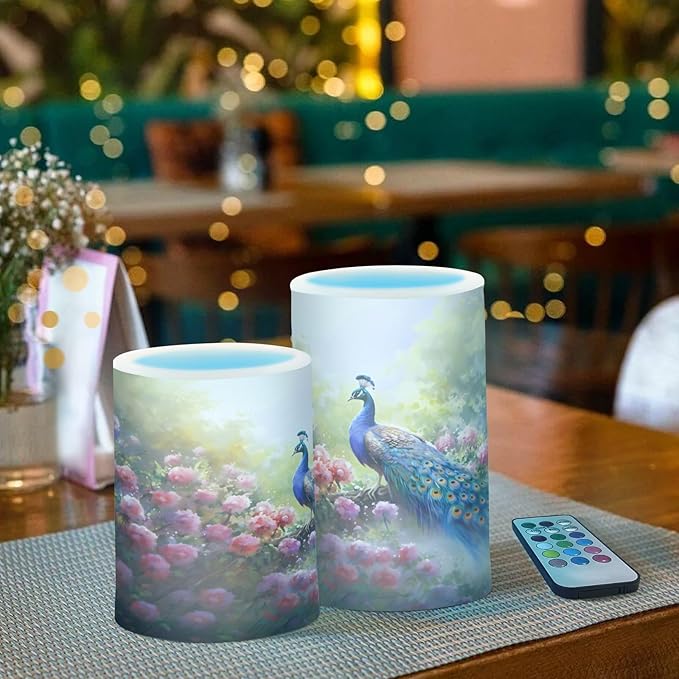 Flickering Flameless Candles, Peacock Flowers LED Candles with Remote Timer, Set of 2 Battery Operated Candle for Valentine Wedding Birthday