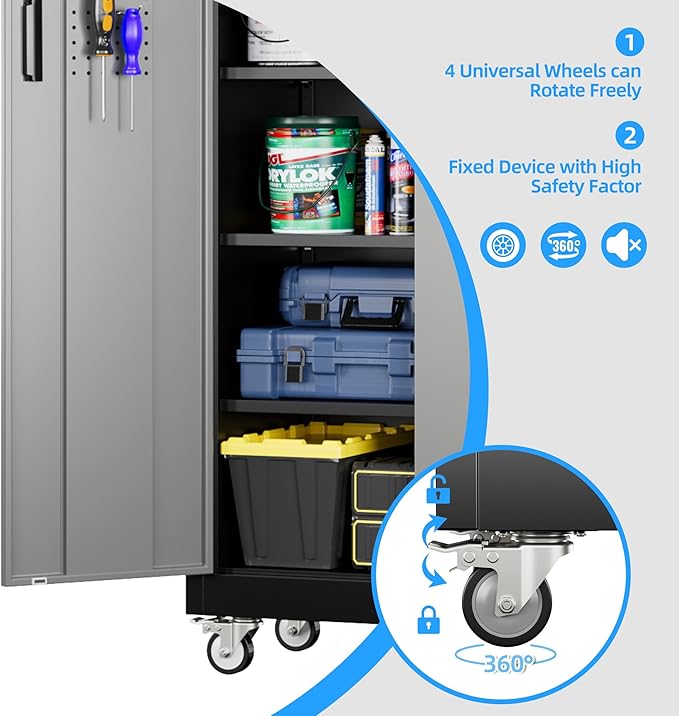 71" H×32" W×16" D Garage Storage Cabinet with Wheels & Pegboard, Locking Metal Storage Cabinet with Doors and 5 Adjustable Shelves & & 4 Hooks for Garage Warehouse Home Office, Black and Gray