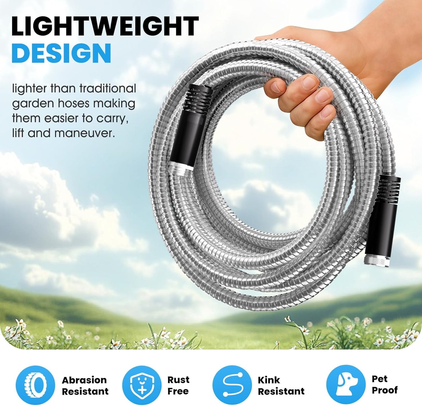 Garden Hose Metal 15 FT, Flexible Stainless Steel Water Hose, Kink Free, Connectable Short Hose, Lightweight & Durable, Crush Resistant Fitting, Puncture Proof Hose for Yard, Rv, 600 PSI 2025 New