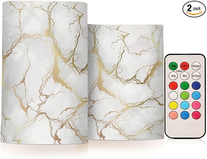 Flickering Flameless Candles, Marble Gray White Golden Texture LED Candles with Remote Timer, Set of 2 Battery Operated Candle for Valentine Wedding Birthday
