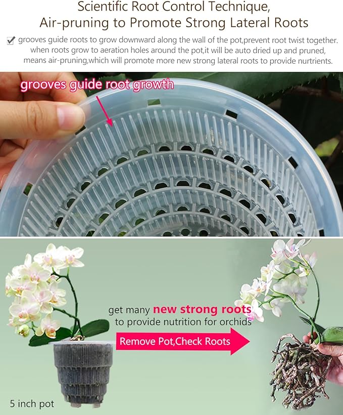 5 inch Orchid Pots with Holes for Repotting with Excellent Airflow, Set of 2, Double Layer Plastic Imitate Ceramic Orchid Planter, Clear Orchid Pot Match Decorative Orchid Container