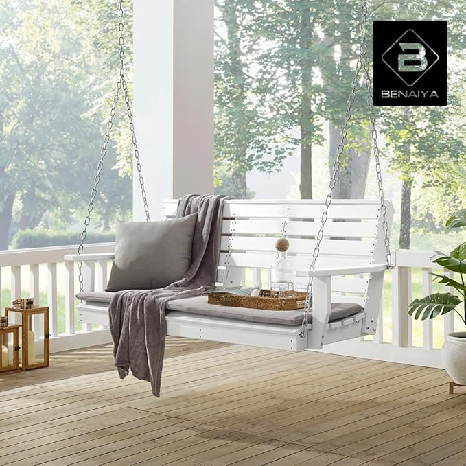 Heavy Duty Poly Lumber HDPE Porch Swing with Mounting Kit and Accessories Outdoor Hanging Chair with Cup Holders Swinging Bench for Patios, Backyard Poly Wooden Seating, Sturdy Steel Chains