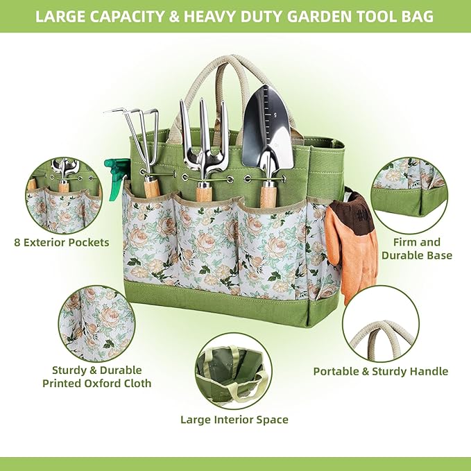 Garden Tool Set 12 Pieces Gardening Tools Stainless Steel Heavy Duty, Outdoor Hand Tools with Floral Organizer Handbag, Succulent Tools,Gardening Gifts for Women Men Beginners