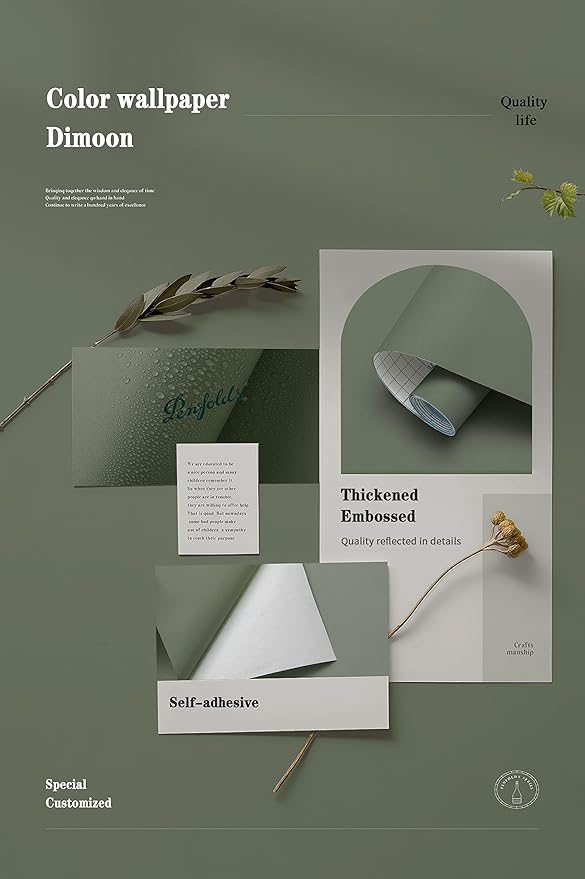 Dimoon 78.7"x15.7" Leaf Green Peel and Stick Wallpaper Green Leaf Thicken Waterproof Contact Paper Solid Grey Green Gray Wall Paper Self Adhesive Wallpaper Removable Shelf Drawer Liner Vinyl Roll