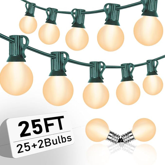 G40 Globe String Lights Outdoor, 25Ft Outdoor Christmas Decoraions Lights with 27 5W Frosted White Lights(2 Spare), Vintage Christmas Light for Garden Party Wedding Backyard Patio, Green Wire