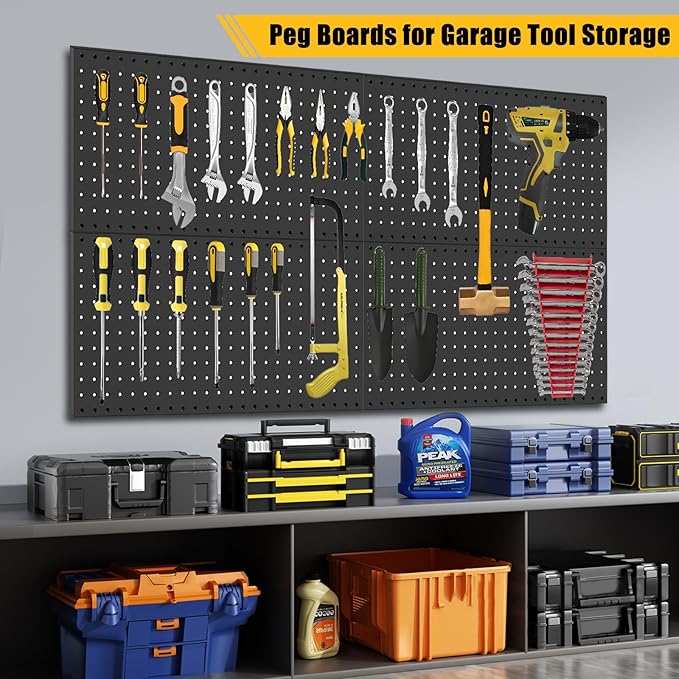 6 Pcs Metal Pegboard Panels, Heavy Duty Peg Boards for Garage and Garden Tool Storage, Includes Drywall Anchors and Screws Kits, Black
