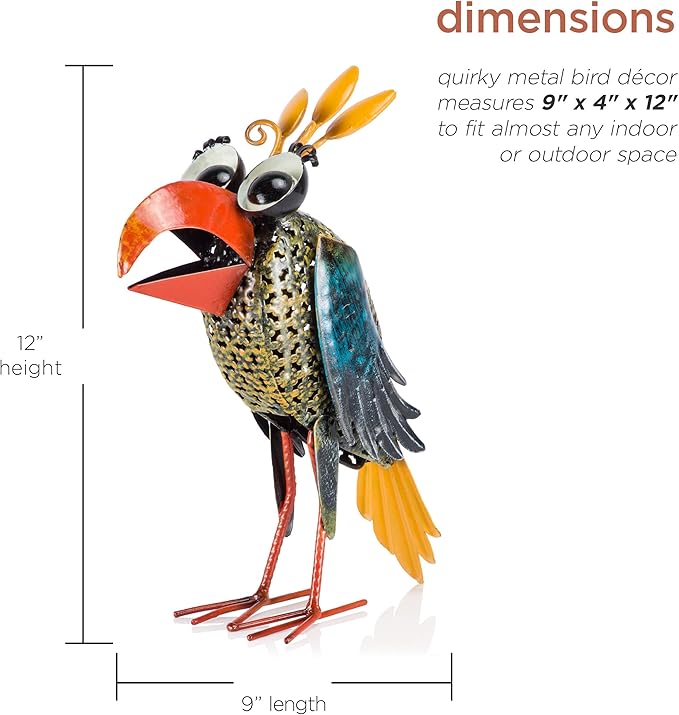 Alpine Corporation 12" Tall Outdoor Metal Wide-Eyed Bird Standing Yard Statue Decoration, Multicolor