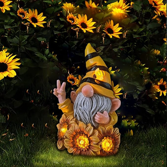 Garden Gnome Sculptures & Statues Resin Summer Bee Gnome with Sunflower, Outdoor Funny Gnome Decoration Solar Light Gnome Gifts for Yard, Patio Decor for Mom