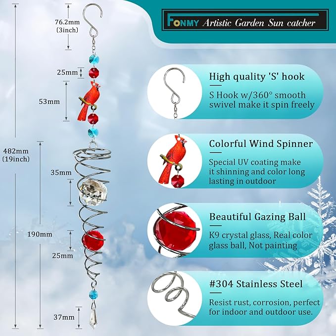 FONMY Cardinal Gazing Ball Spiral Tail Wind Spinner Sun Catcher Rainbow Maker Silver Spiral W/ K9 Crystal Ball Tree Hanging Ornament Indoor Outdoor Garden Decor. 19.5inch H