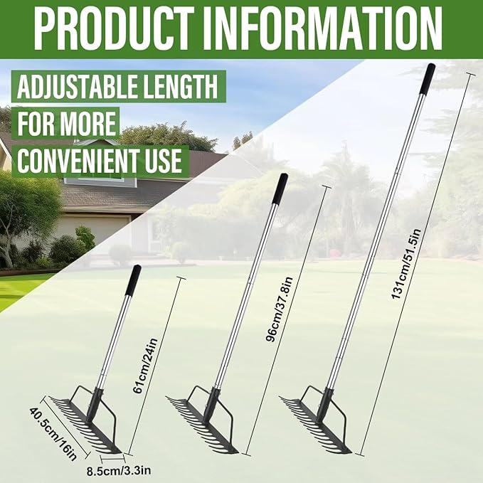 15 Inch Wide Bow Rake, 16 Steel Tines Metal Head Rake Tool with Stainless Steel Handle, Adjustable Long Handle Garden Rake for Loosening Soil Leveling Mulch Gathering Lawns Leaves