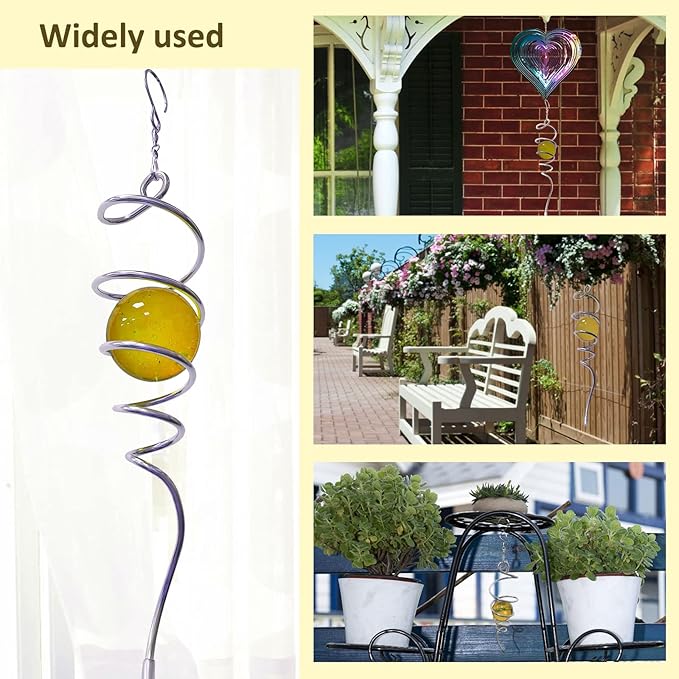 Gazing Ball Spiral Decorative Wind Spinner Tail Wind Spinner Sun Catcher 11inch Tail and 2 inch Glass Orb. Wind Spinner Stabilizer Indoor Outdoor Garden Decoration -13 inch Height(Gold)