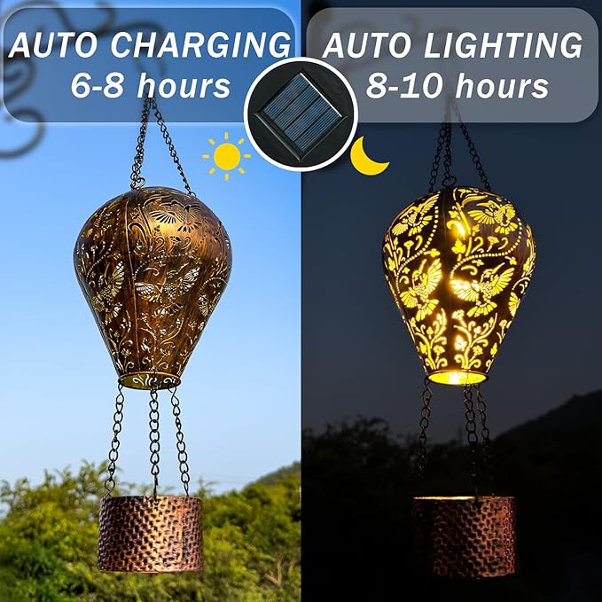 Hummingbird Decor Hot Air Balloon Solar Lantern – Outdoor Decorative Hanging Light for Garden Yard Patio Porch Lawn and Pathway – Unique Housewarming, Birthday Gift for Women Mom Grandma