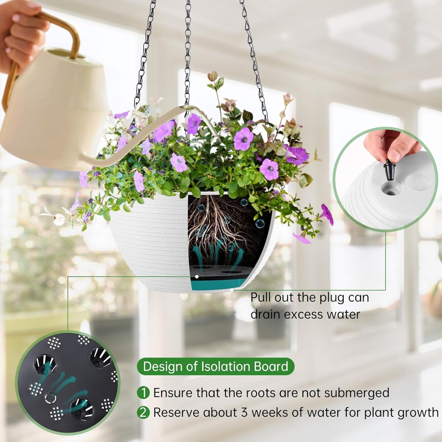 Hanging Planters for Indoor Outdoor Plants, Set of 2 Self Watering Hanging Pots with Drainage Hole & Plug and 20" Chain & Hooks