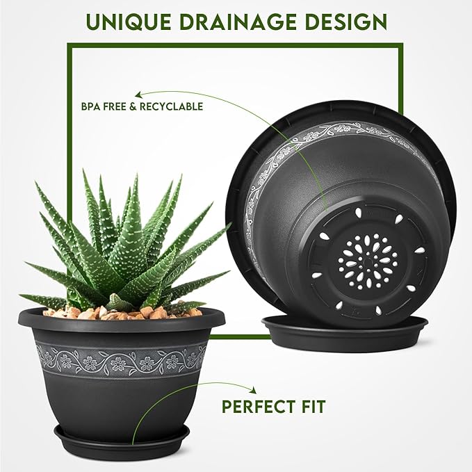 8 Inch Plant Pots with Drainage Hole - Lightweight Flower Pots for Herbs and Flowers - Home Decor Plastic Planters for Indoor Outdoor Plants- Pack of 6 (Black, 8 inch)