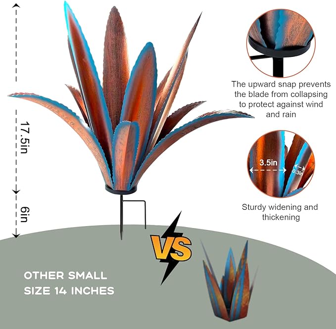 Enlarge thickened Wind Resistant Metal Agave Garden Art Metal Plant Country Garden Sculpture Statue Outdoor decoration Agave Metal Plant Courtyard Garden Lawn Ornament Gift (2, 12 Leaves blue)