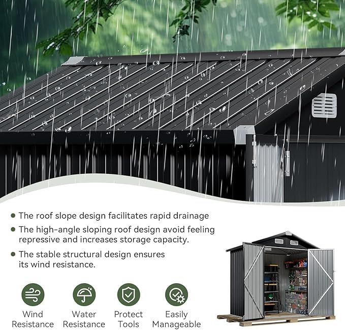 Aoxun 6'x4' Outdoor Storage Shed with Base Galvanized Steel Metal Garden Shed for Patio, Lawn & Garden Black, 6' x 4'W/Base