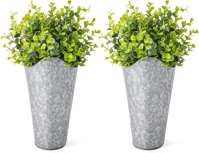 Dahey 2 Pack Galvanized Metal Wall Planter with Artificial Eucalyptus Farmhouse Decor Hanging Wall Vase Planters Flowers Holder for Country Rustic Home Wall Decor,Silver