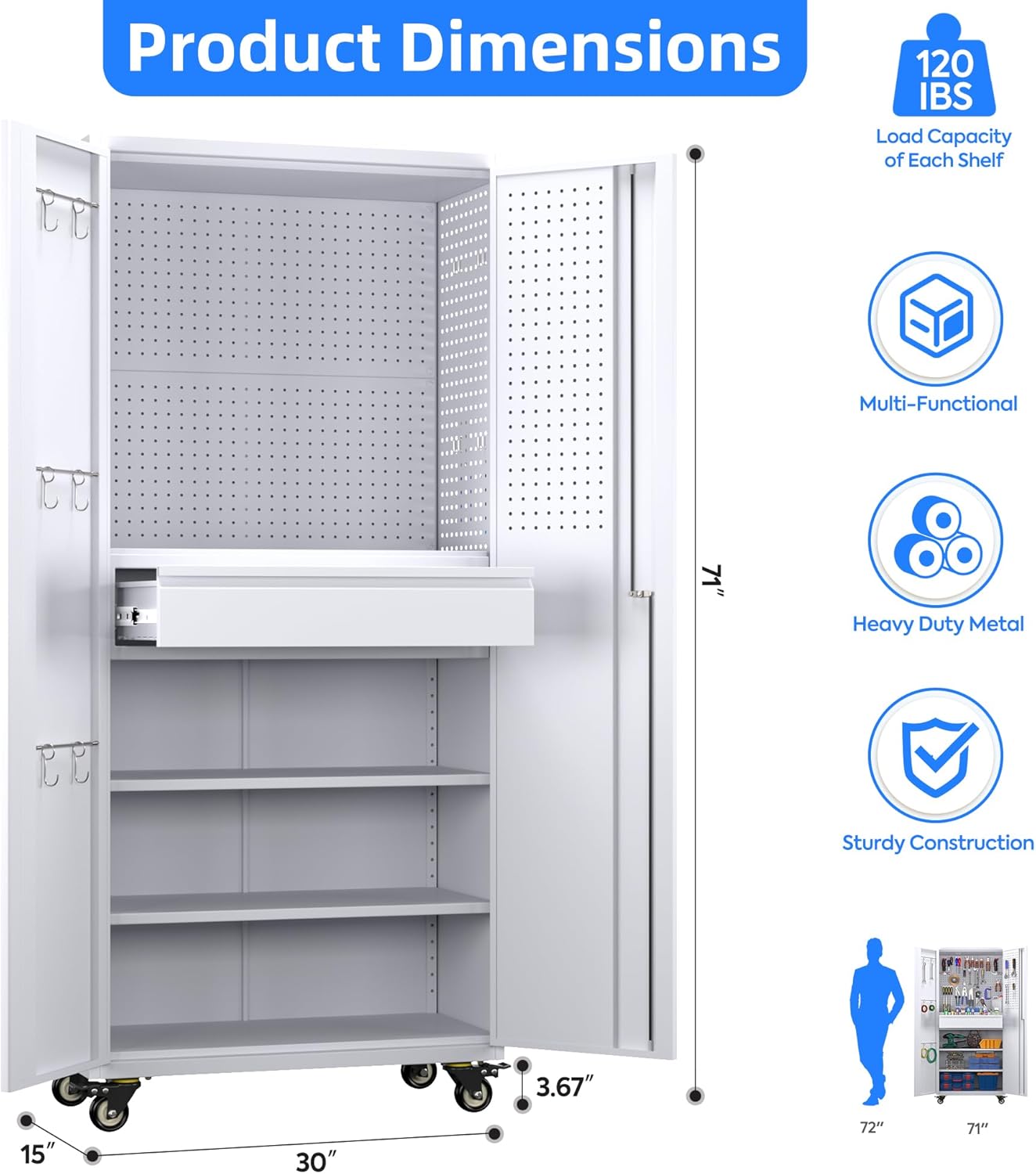 71" H Garage Storage Cabinet with Locking Doors and 2 Adjustable Shelves, Metal Tool Storage Cabinet with Wheels, Drawer, Pegboard and 16 Hooks for Garage, Warehouse, White