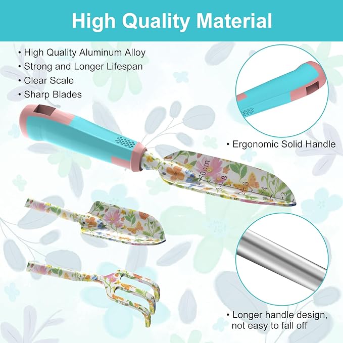 6 Pcs Garden Tool Set, Gardening Hand Tools Aluminum Alloy Starter Kit with Garden Bag, Heavy Duty Outdoor Tool Set with Ergonomic Handle, Gardening Gifts (Flower Pattern)