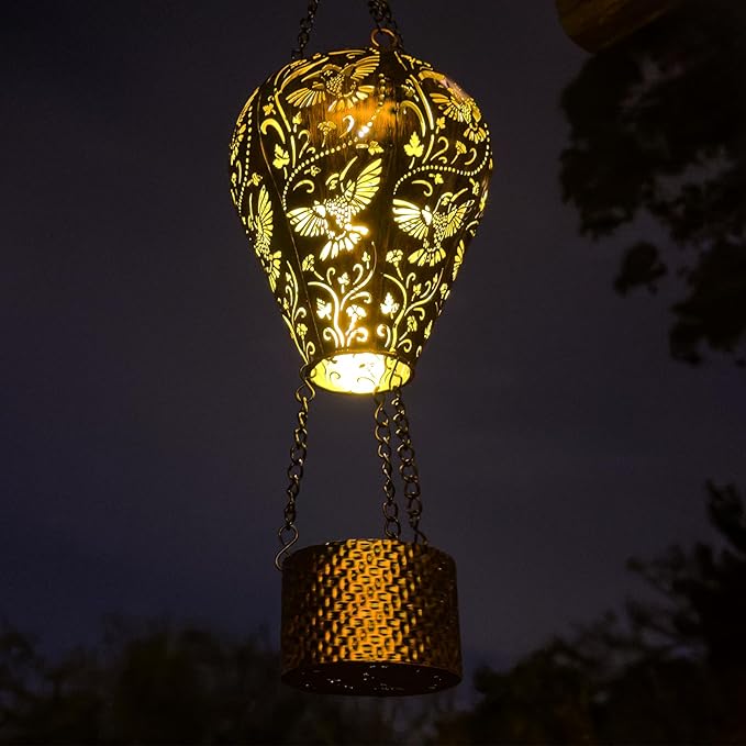 Hummingbird Decor Hot Air Balloon Solar Lantern – Outdoor Decorative Hanging Light for Garden Yard Patio Porch Lawn and Pathway – Unique Housewarming, Birthday Gift for Women Mom Grandma