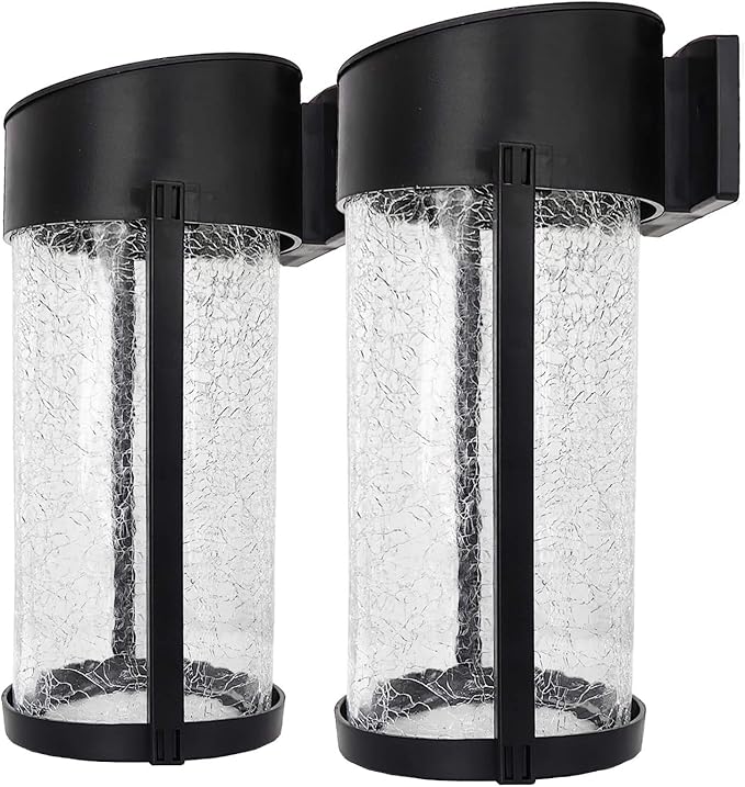2PK Solar Outdoor Wall Lights with Crackle Glass Shade, Porch Fence Exterior Light Fixture Solar Powered Wall Scones