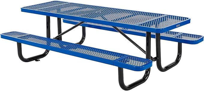 Global Industrial 8’L Rectangular Picnic Table, Expanded Metal, Blue Thermoplastic Coating, Attached Benches, 1-1/2” Umbrella Pole Hole, Outdoor-Rated, 1000 lb Capacity, 96” x 30” Tabletop