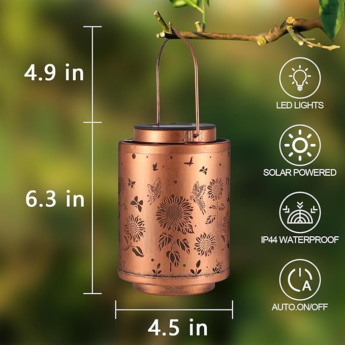 2 Pack Solar Outdoor Lanterns, Garden Decor LED Light Hanging Waterproof Solar Metal Lantern Birthday Gifts for Women Mon Grandma Sunflower Solar Lights Outdoor Decoration(Butterflies)