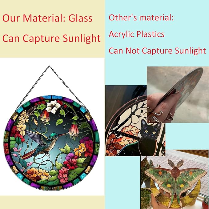 Hummingbirds and Flowers Pattern Suncatcher Stained Glass,Hanging Stained Glass for Windows,20cm/7.87inch Hand-Painted Sun Catcher Garden Hangings Painted Glass Panel Decor Themed Gift