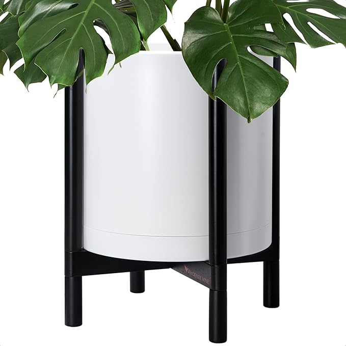 D'vine Dev Planter Pot with Stand - 16 Inch Plastic Cylinder Flower Pot with Wood Planter Holder for Indoor, Matte White Pot + Ebony Stand, 55-C-Z-1