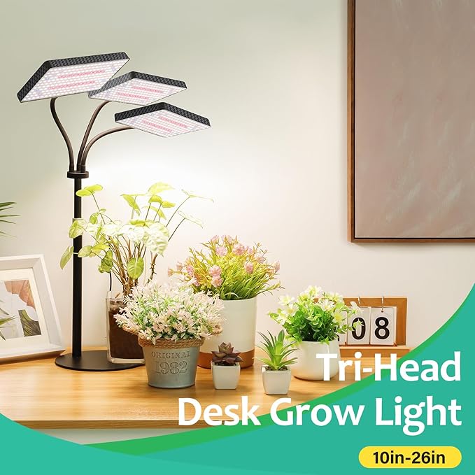 2024 Upgraded Desk Grow Lights for Indoor Plants, Tri-Head 642 LEDs Tabletop Full Spectrum Grow Light, with 3/6/12H Timer, 6 Brightness Levels, 3 Lighting Modes, Height Adjustable for 10-26 inches