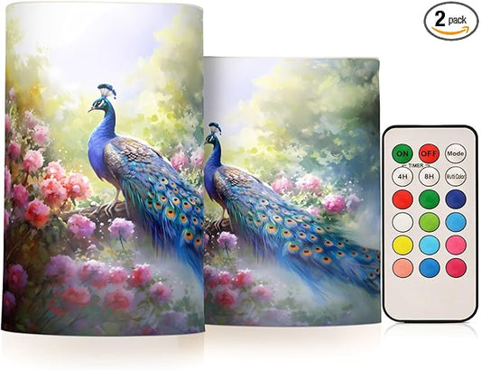 Flickering Flameless Candles, Peacock Flowers LED Candles with Remote Timer, Set of 2 Battery Operated Candle for Valentine Wedding Birthday