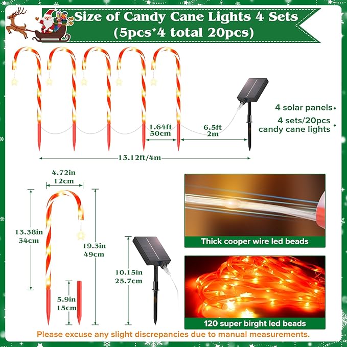 19.3in Christmas Solar Candy Cane Lights, 20 Pcs Pathway Light with Snowflake 8 Flashing Modes, Outdoor Christmas Decorations for Outside Path, Walkway, Driveway, Sidewalk, Porch, Yard, Garden