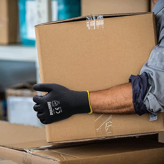 DULFINE Ultra-Thin PU Coated Work Gloves-60 Pairs,Excellent Grip,Nylon Shell Black Polyurethane Coated Safety Work Gloves, Knit Wrist Cuff,Ideal for Light Duty Work. (Large)