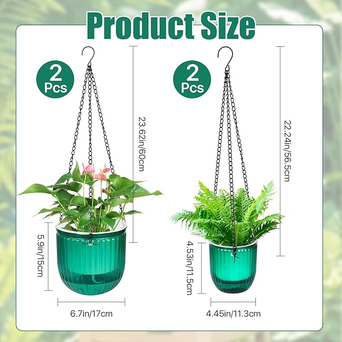 4Pcs Self Watering Hanging Planters, 6.5'' 4.5'' Hanging Flower Pots, Plastic Hanging Plant Basket with Drainage Holes, Visible Hanging Planters for Indoor Plants Garden Home(Emerald)