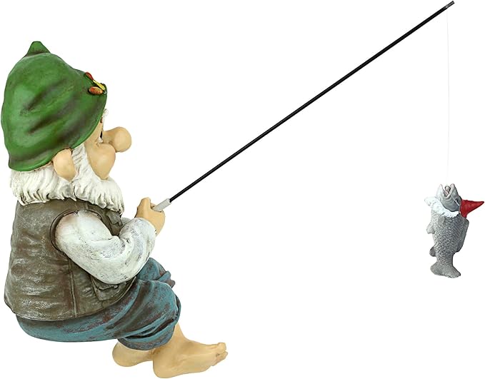 Design Toscano Ziggy with Fishing Pole Garden Gnome Indoor/Outdoor Shelf Sitter Statue, 9 Inch Tall, Cast Stone Resin, Full Color Finish