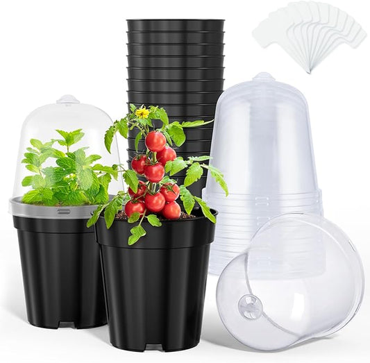homenote Nursery Pots for Plants,5 Inch Plant Pot for Planting with Humidity Domes Plastic Seedling with Drainage Holes Seed Starter Flower with 10 Labels Black (15 Pack)