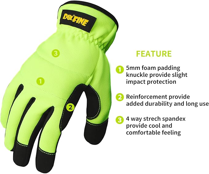 DULFINE High Performance Work Gloves For Men(3 Pairs Pack),Hi-Vis Yellow Color,High Dexterity Touch Screen For Multipurpose,Excellent Grip (Large)