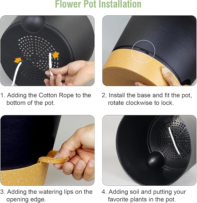 12 inch Large Self Watering Pots, Plant Pots with Mesh Drainage Holes for Indoor Outdoor Plants, Plastic Planters with Deep Reservoir for Garden House Flower Plants, Black with Brown