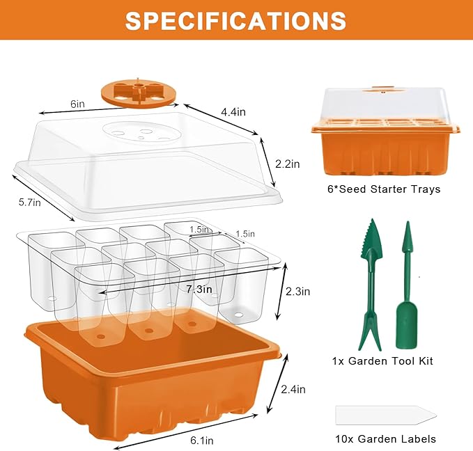 GooingTop Seed Starter Tray, 6 Pack 72 Cells Plant Grow Kit with Adjustable Humidity Vent for Mini Greenhouse Garden Germination,Bonsai Seedlings Starting Growing