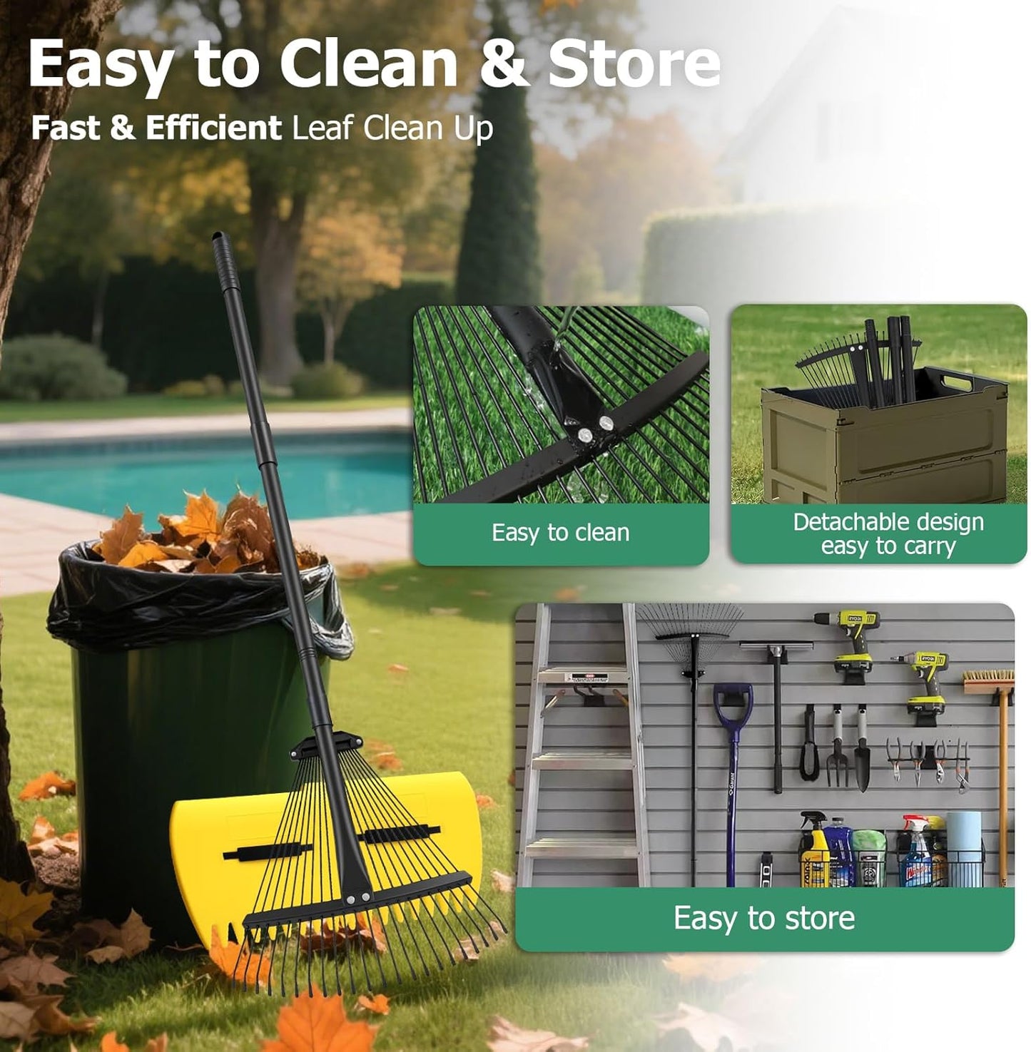 Extra Wide 22-Tines Adjustable Leaf Rake & Leaf Scoops Set, 12"-22" Width Adjustable Metal Garden Lawn Rake for Leaves, Heavy Duty & Lightweight for Flower Bed/Under Shrub/Pine Needle & Narrow Space