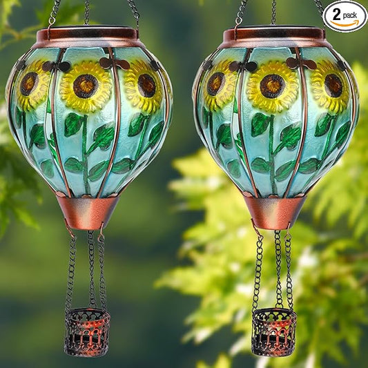 2PCS Solar Hot Air Balloon Lanterns with Flame with Shepherd's Hooks, Glass Hanging Flickering Lights Outdoor Waterproof for Garden Tree Yard Patio Mother's Day Gift, 18" H Sunflower